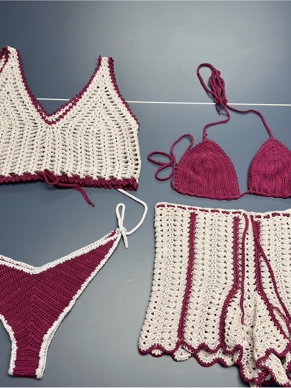 Crochet Two-Tone Cream & Wine Women’s Bikini Set with Shorts
